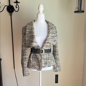 Donna Karan Black and Cream Bouclé Belted Blazer